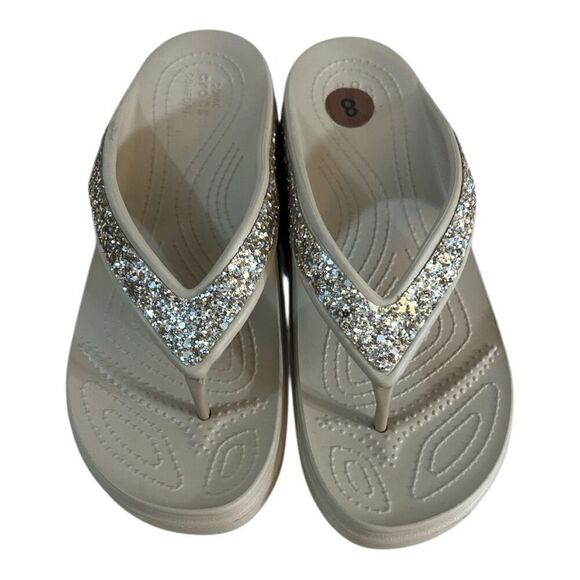 Crocs Sloane Chai Gold Glitter Flip Flop Platform Beach Sandals Size 8 Beige - Picture 1 of 9